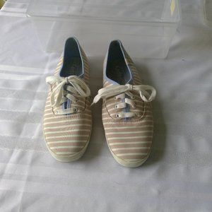 Keds tan & white stripe tennis shoes, size 7.5
